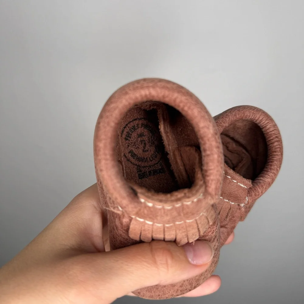 Freshly Picked Brown Clay Leather Fringe Soft Sole Baby Moccasins Size 2